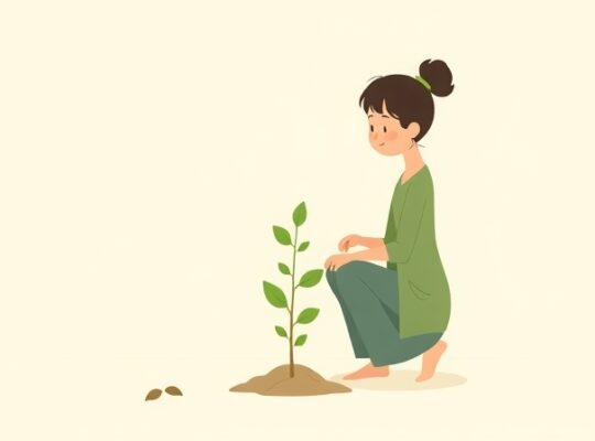 Opieka nad rośliną przez dorosłego, symbolizująca troskę o siebie podczas rozwoju rodzicielstwa.