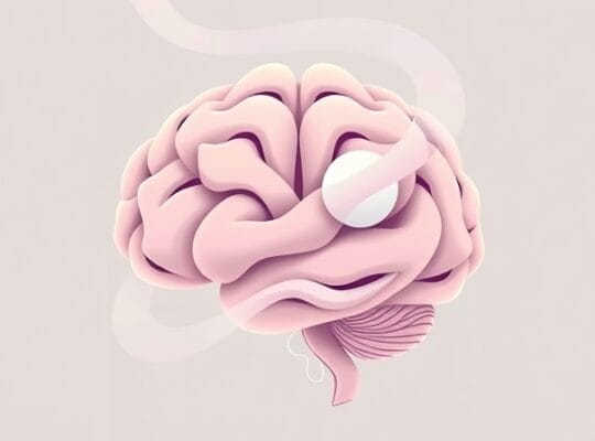 Symboliczna mózgowa mgła z pastelowymi barwami, subtelnie powiązana z żelazem i światłem koncentracji.