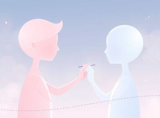 Dwie eteryczne postacie w pastelowej ilustracji kojąco rysują siebie nawzajem, symbolizując pierwsze wrażenia.