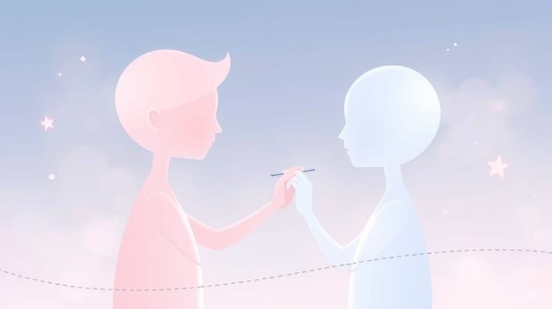 Dwie eteryczne postacie w pastelowej ilustracji kojąco rysują siebie nawzajem, symbolizując pierwsze wrażenia.