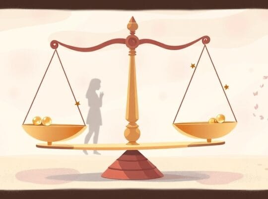 Stylizowana waga idealnie wyważona, symbolizująca sprawiedliwość w relacjach.