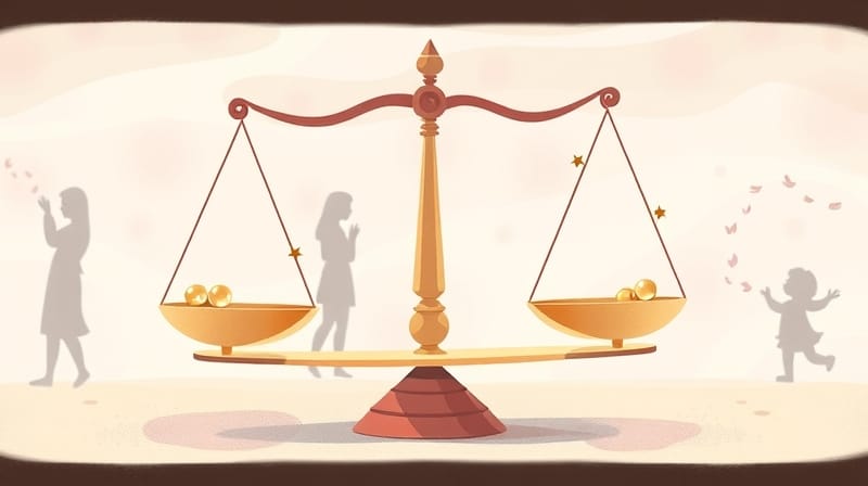 Stylizowana waga idealnie wyważona, symbolizująca sprawiedliwość w relacjach.