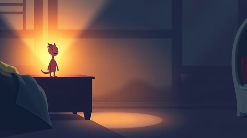 Sztuka: delikatne pastelowe pomieszczenie, ciepłe światło i przyjazne stworzenie rozjaśniające mrok.