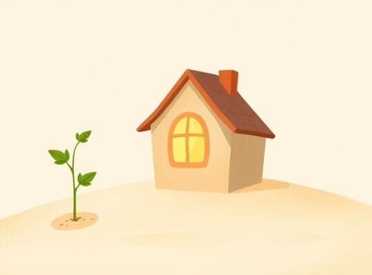 Ilustracja pastelowego domu z rozświetlonym oknem i kiełkującą rośliną.