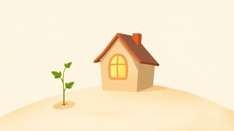 Ilustracja pastelowego domu z rozświetlonym oknem i kiełkującą rośliną.