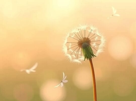 Delikatny dmuchawiec unoszący jedną nasionko ku światłu, symbol wolności od winy.