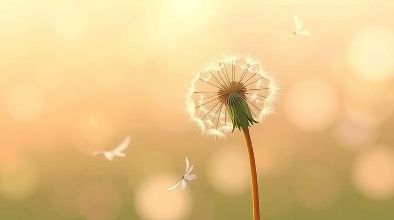 Delikatny dmuchawiec unoszący jedną nasionko ku światłu, symbol wolności od winy.