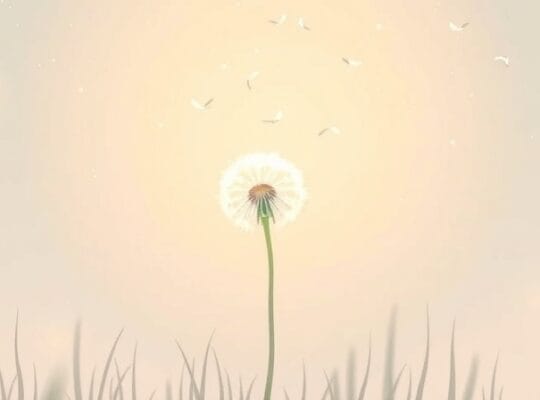 Delikatna ilustracja dmuchawca unoszącego nasiona w pastelowych barwach, symbolizująca siłę wrażliwości.