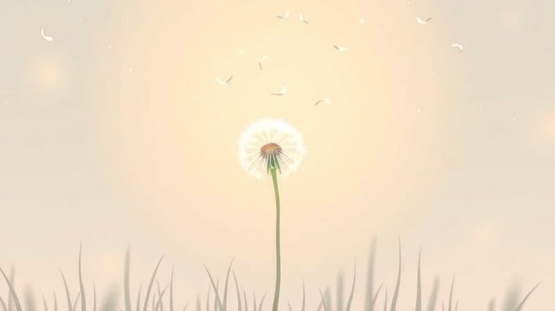 Delikatna ilustracja dmuchawca unoszącego nasiona w pastelowych barwach, symbolizująca siłę wrażliwości.