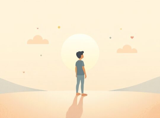 Stylizowana postać na ścieżce do słońca, otoczona myślami i wzmacniającą pewnością siebie.