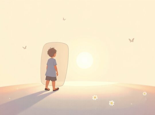 Postać wychodzi zza tarczy ku światłu, symbolizując przezwyciężenie lęku przed odrzuceniem.