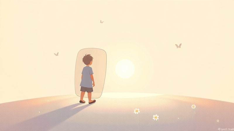 Postać wychodzi zza tarczy ku światłu, symbolizując przezwyciężenie lęku przed odrzuceniem.