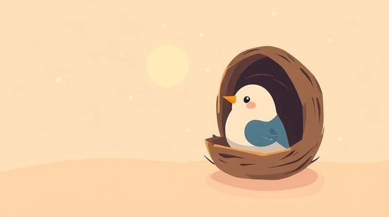 Młody ptak opuszcza gniazdo, kierując się ku słońcu, symbol życia samodzielnego.