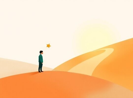 Samotna postać przed rozwidloną ścieżką, otoczona wspierającymi, pastelowymi kształtami.