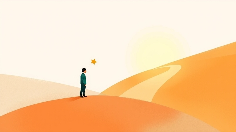 Samotna postać przed rozwidloną ścieżką, otoczona wspierającymi, pastelowymi kształtami.