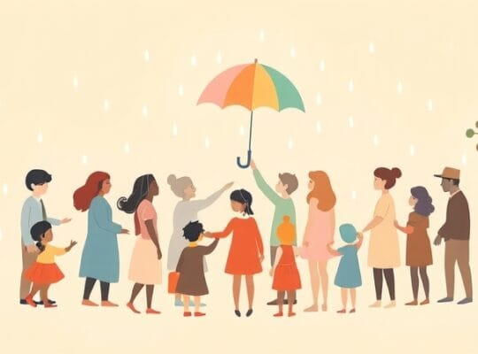 Pastelowi, stylizowani ludzie połączeni świetlistymi nićmi, symbolizują przynależność i harmonię.