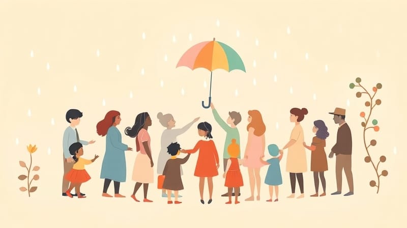 Pastelowi, stylizowani ludzie połączeni świetlistymi nićmi, symbolizują przynależność i harmonię.