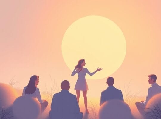 Delikatna ilustracja pastelowa: wykluczona postać unosząca się na obrzeżach ciepłego kręgu ludzi.