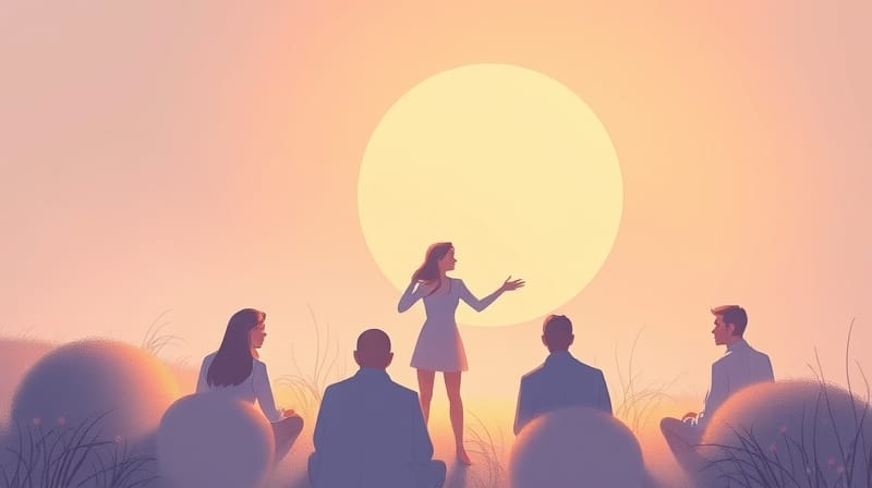 Delikatna ilustracja pastelowa: wykluczona postać unosząca się na obrzeżach ciepłego kręgu ludzi.