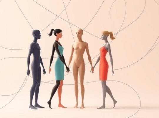 Abstrakcyjne postacie, pastelowe barwy, symboliczną więź tematów płci i norm społecznych.