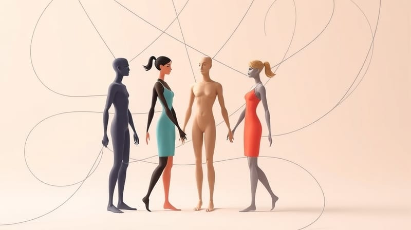 Abstrakcyjne postacie, pastelowe barwy, symboliczną więź tematów płci i norm społecznych.