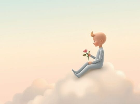 Niecierpliwa postać na chmurze z rośliną, symbolizująca siłę wewnętrzną.