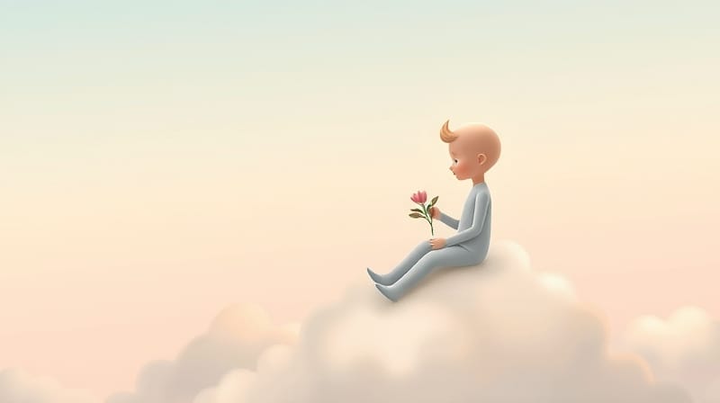 Niecierpliwa postać na chmurze z rośliną, symbolizująca siłę wewnętrzną.