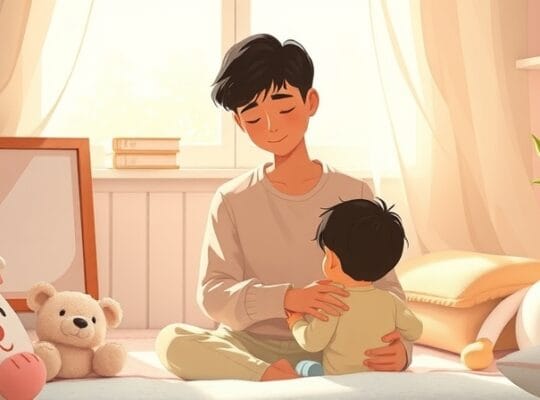 Sztuka ilustratora: Ukochany rodzic w ciepłym otoczeniu, emanujący spokojem i akceptacją.