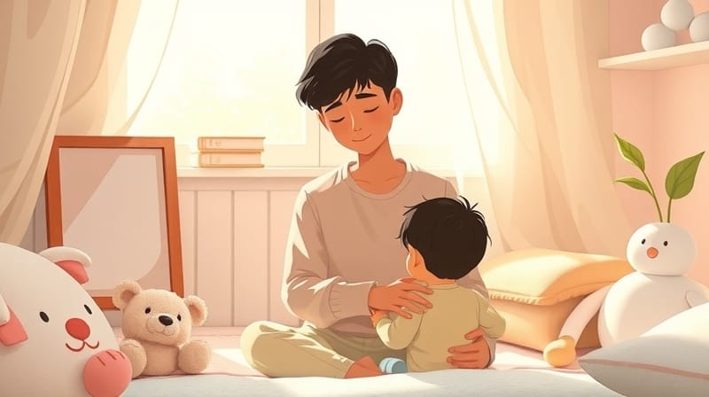 Sztuka ilustratora: Ukochany rodzic w ciepłym otoczeniu, emanujący spokojem i akceptacją.