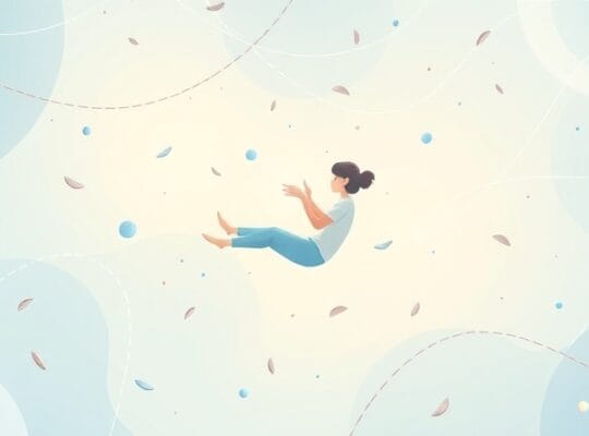 Osoba unosi się spokojnie, trzymając świetlistą kulę; łagodne linie symbolizują uwolnienie napięcia.