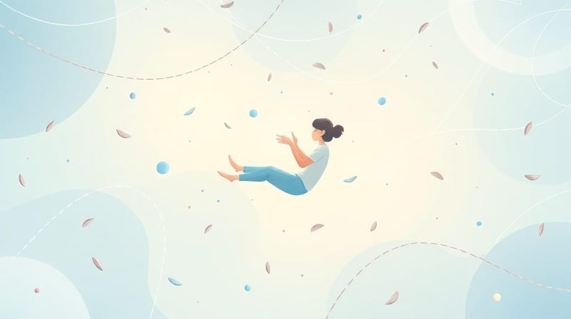 Osoba unosi się spokojnie, trzymając świetlistą kulę; łagodne linie symbolizują uwolnienie napięcia.