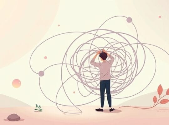 Ilustracja pastelowa: osoba rozwiązuje stresujący węzeł, balansując z elementami spokoju.