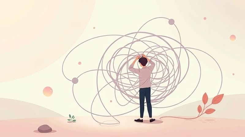 Ilustracja pastelowa: osoba rozwiązuje stresujący węzeł, balansując z elementami spokoju.