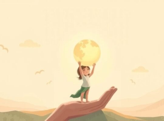 Delikatna postać unosi świetlaną kulę odpowiedzialności, otoczona subtelnym wsparciem.