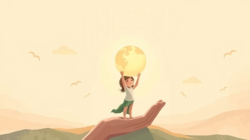 Delikatna postać unosi świetlaną kulę odpowiedzialności, otoczona subtelnym wsparciem.