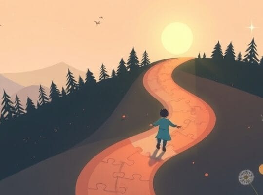 Ścieżka kariery z płynących, świecących puzzli prowadzi przez mrok do jasności.