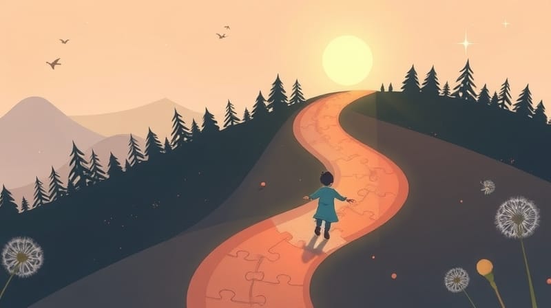 Ścieżka kariery z płynących, świecących puzzli prowadzi przez mrok do jasności.