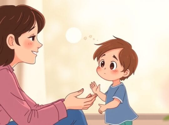 Rodzic z czułością wspiera dziecko, ignorując frustrację, w pastelowej, spokojnej scenerii.