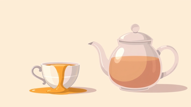 Przepełniona filiżanka obok spokojnie parującego czajnika. Dziecięca animacja.