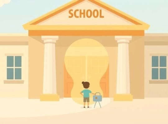 Stylizowany dziecięcy budynek szkoły, dziecko niepewnie czeka na wsparcie.