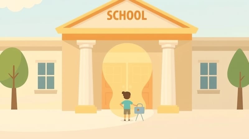 Stylizowany dziecięcy budynek szkoły, dziecko niepewnie czeka na wsparcie.