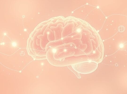 Surrealistyczny mózg z pastelowymi neuronami i unoszącymi się wizualnymi informacjami.