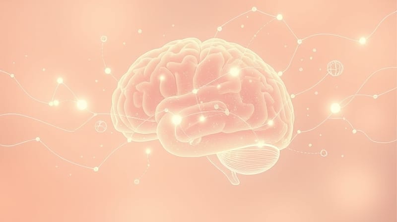 Surrealistyczny mózg z pastelowymi neuronami i unoszącymi się wizualnymi informacjami.