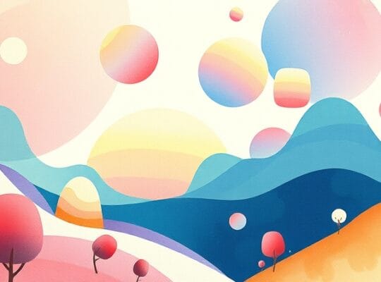 Abstrakcyjny krajobraz kreatywności: łagodne formy, pastelowe gradienty, świetliste połączenia.