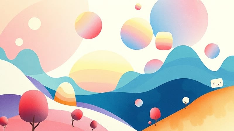 Abstrakcyjny krajobraz kreatywności: łagodne formy, pastelowe gradienty, świetliste połączenia.