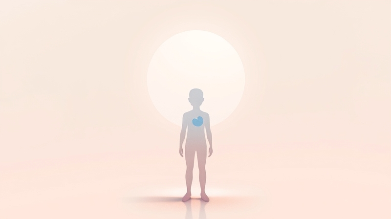 Subtelna projekcja emocji z wewnętrznej, świetlistej postaci na minimalistycznym tle.