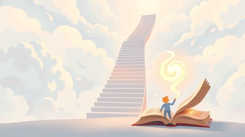 Samotna, świecąca postać u stóp gigantycznych schodów, inspirująca podróż.