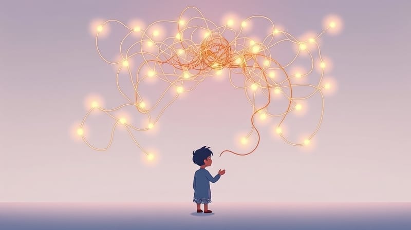 Spokojna postać rozplątująca sieć świetlistych, symbolicznych wątków myśli.