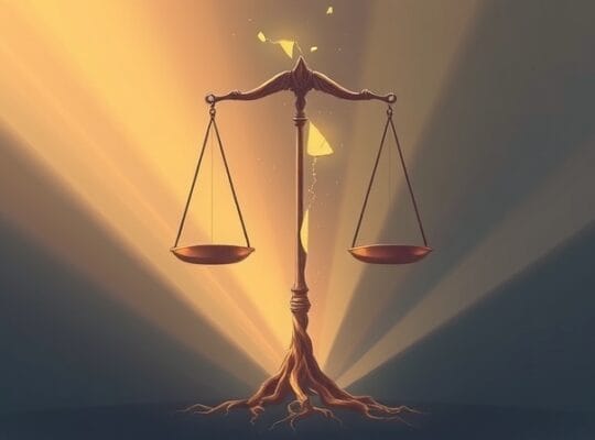 Rozbite wagi sprawiedliwości z promieniami światła, symbolizujące odrodzenie i nadzieję.