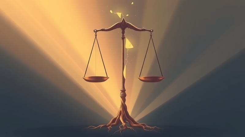 Rozbite wagi sprawiedliwości z promieniami światła, symbolizujące odrodzenie i nadzieję.